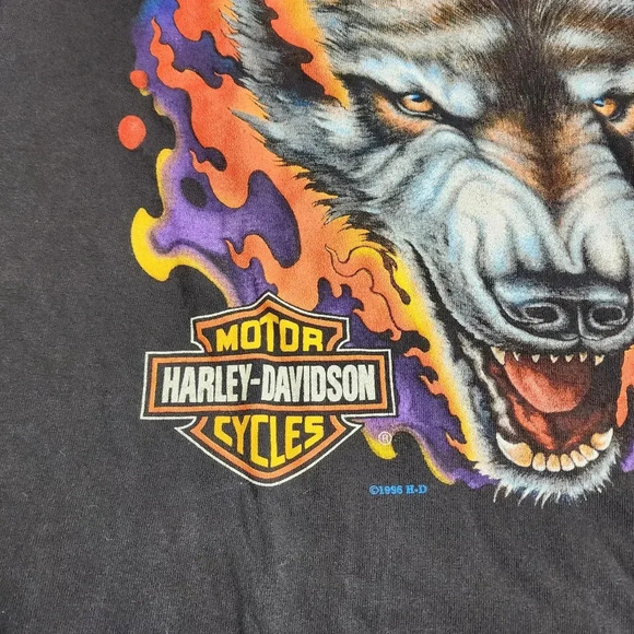 Harley Davidson 1996 Wolf Flames Shirt No Boundaries Size Large CUT NECK AND HEM - Picture 5 of 10